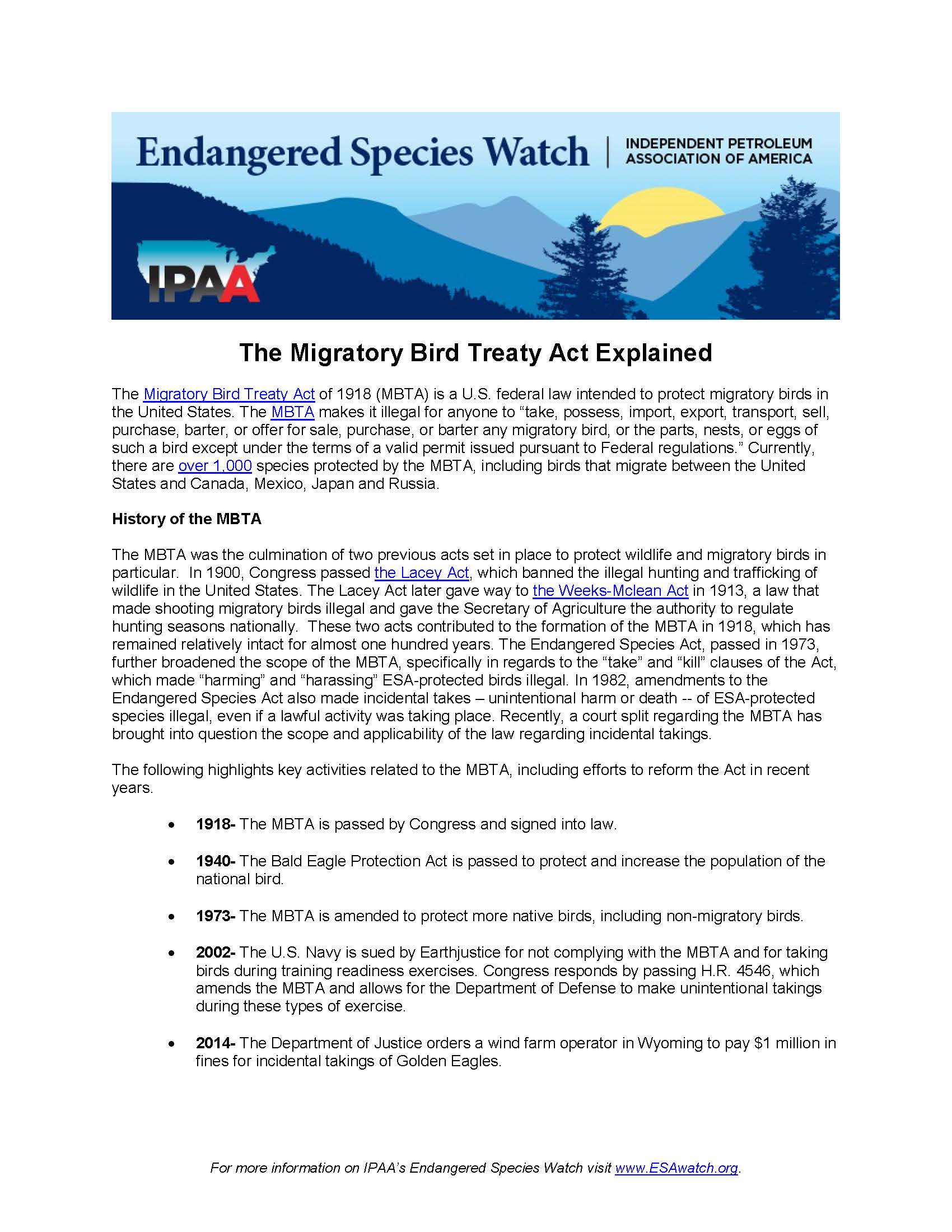 The Migratory Bird Treaty Act Endangered Species Watch